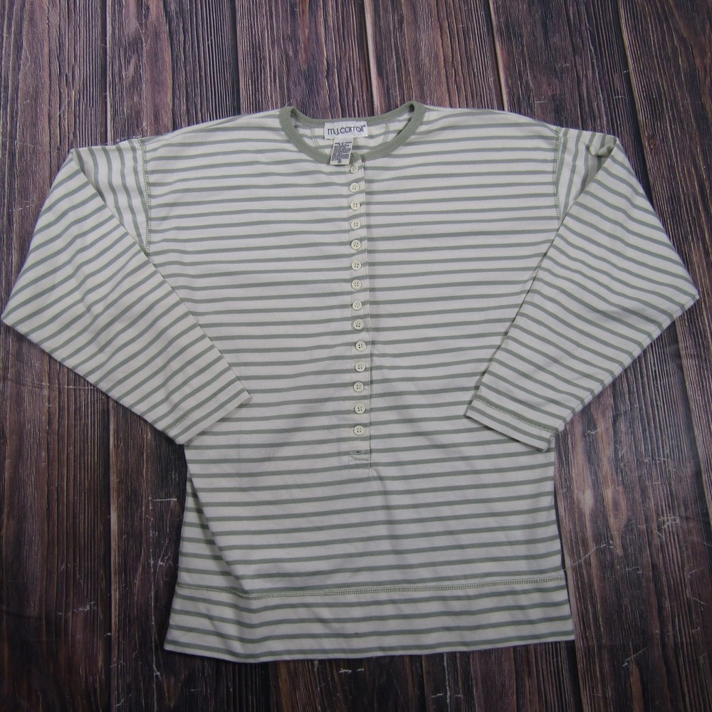 M.j.carroll T-Shirt Womens S Green Striped Tunic Long Sleeve Button Granny Core